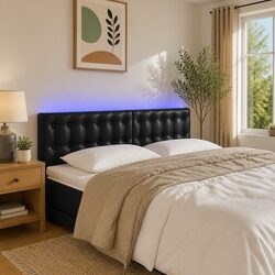 LED Headboard Black Faux Leather Adjustable Height Bed Back Support Modern