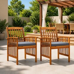 Outdoor Dining Chairs 2 pcs Acacia Wood Garden Seating with Cushions Grey