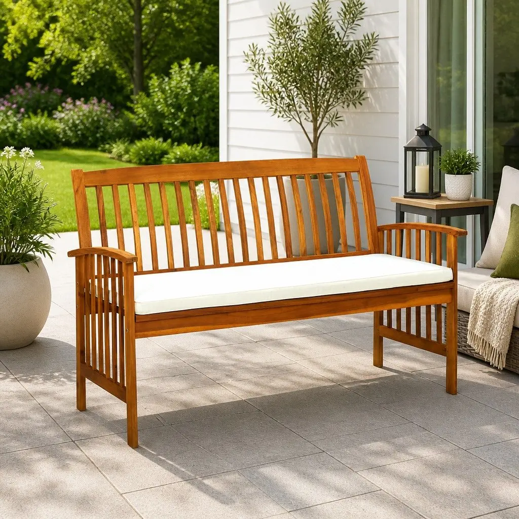 Garden Bench Outdoor Patio 147cm Acacia Wood Arm Bench with Cushion