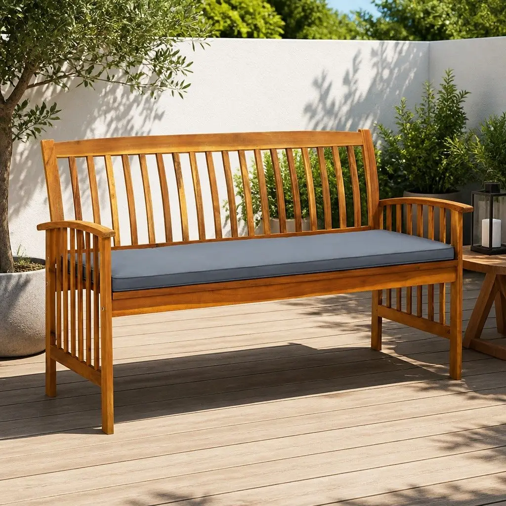 Garden Bench Outdoor 147cm Solid Wood with Grey Cushion