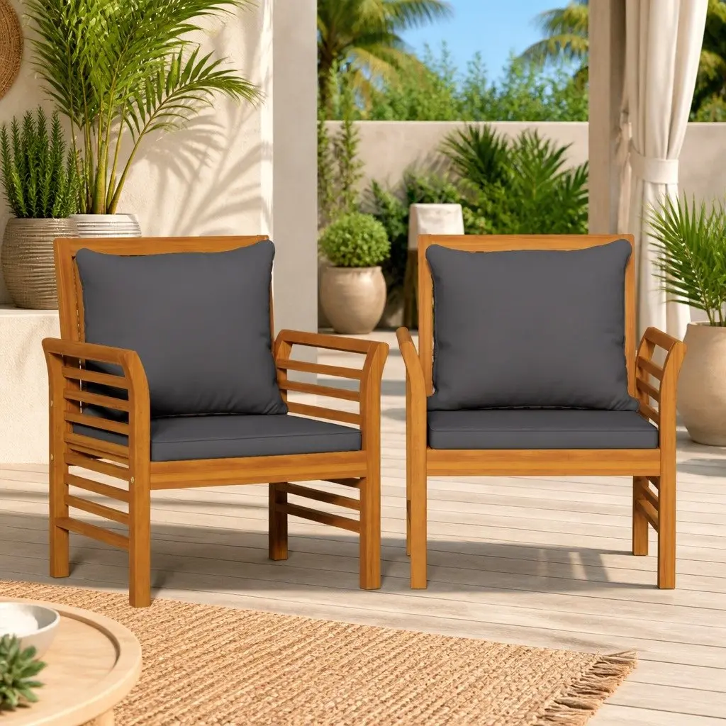 Outdoor Sofa Chairs Set of 2 Garden Patio Acacia Wood with Grey Cushions