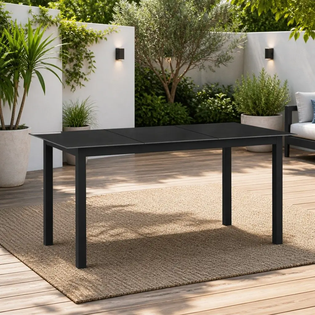 Garden Dining Table 150x90cm Black Aluminium Frame Glass Outdoor Patio Furniture