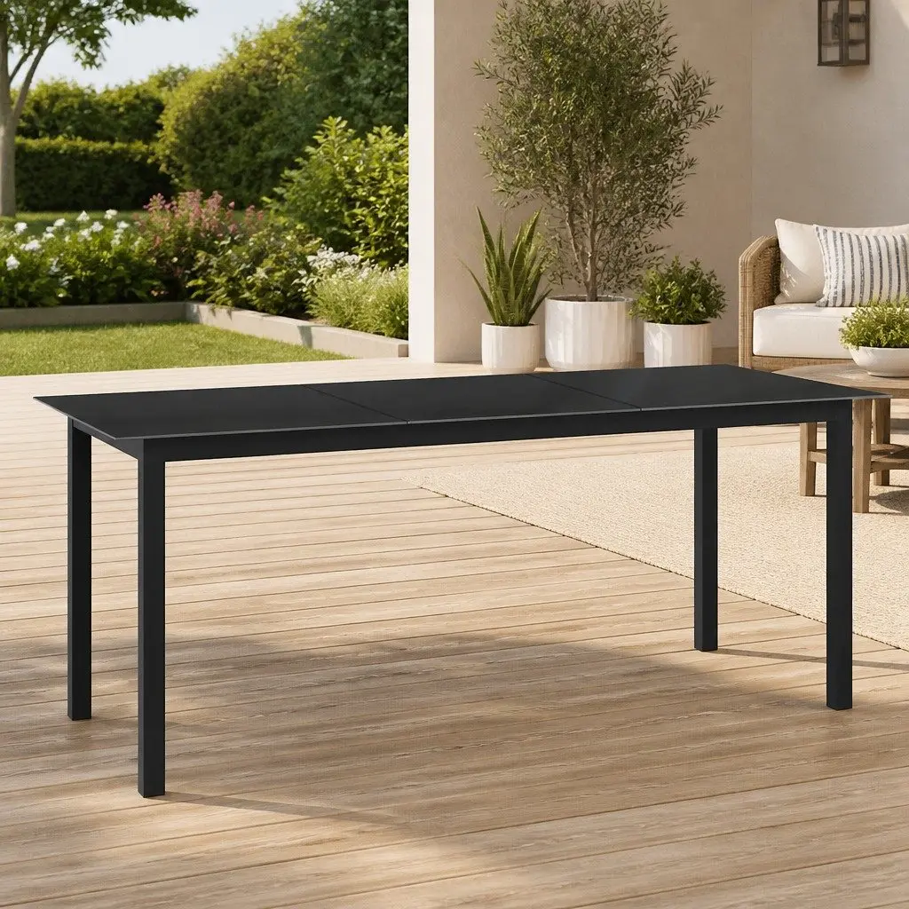 Garden Dining Table Black Outdoor Furniture Aluminium Frame Glass Top