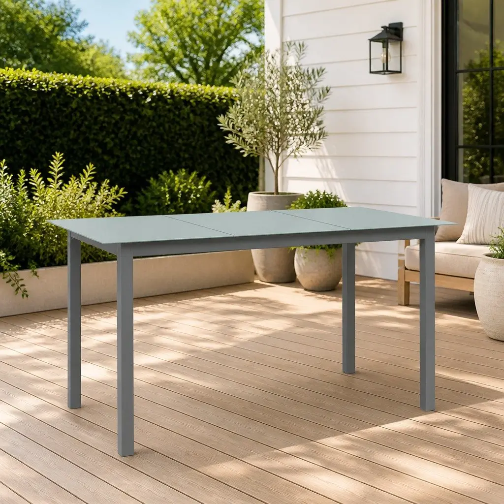 Garden Dining Table Grey Outdoor Patio Furniture Aluminium Frame Glass Top