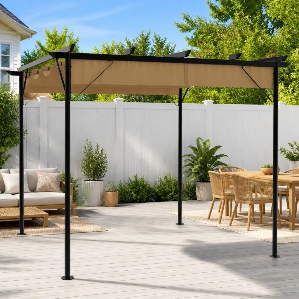 Garden Pergola Outdoor 3x3m Retractable Roof Shade Structure Steel Frame Taupe