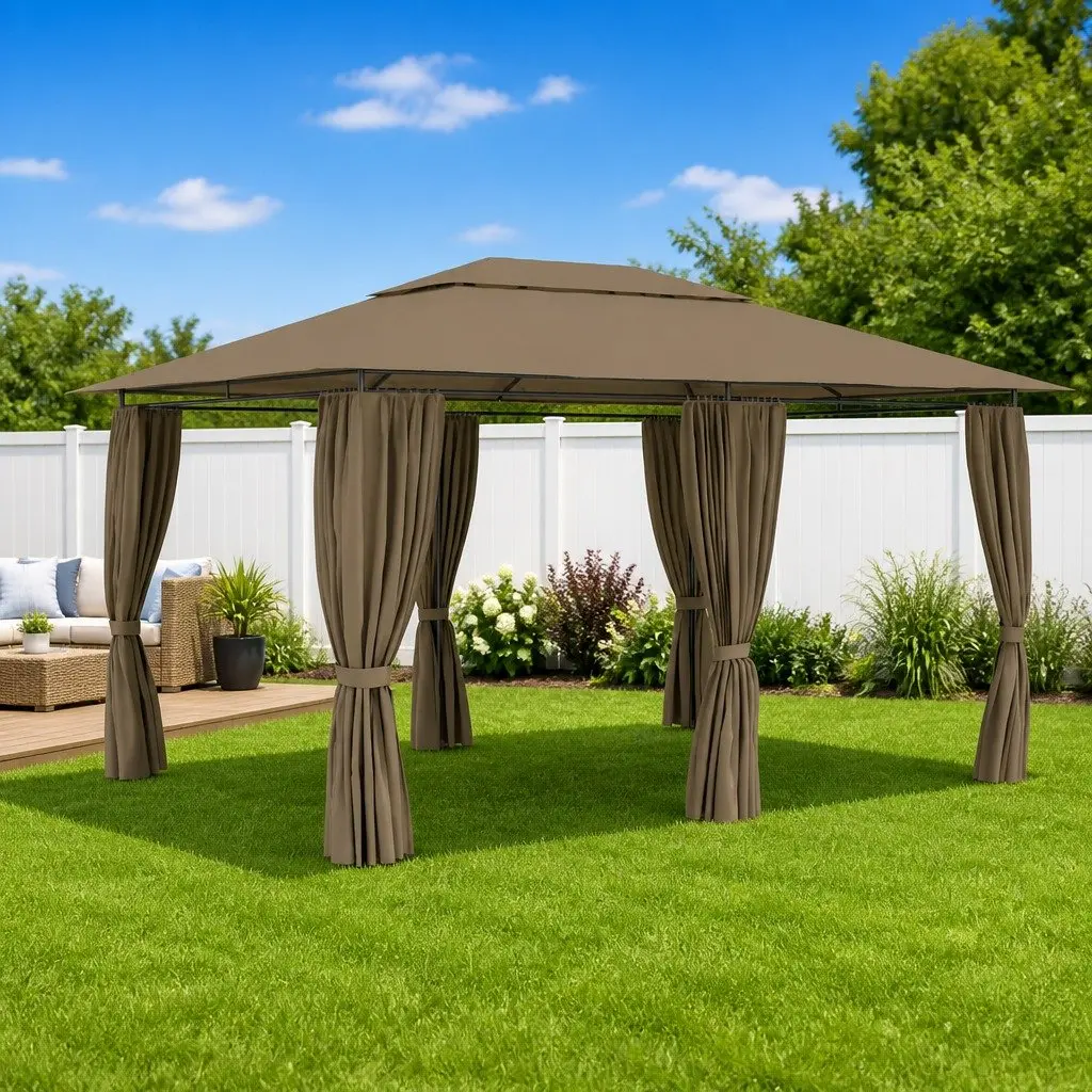 Garden Gazebo Outdoor Canopy Pavilion 4x3m Taupe Vented Roof Curtains