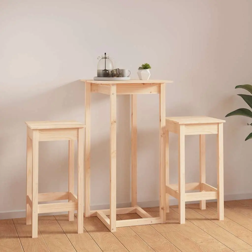 3 Piece Bar Set Solid Pine Wood Brown Kitchen Dining Furniture Pub Stools Table