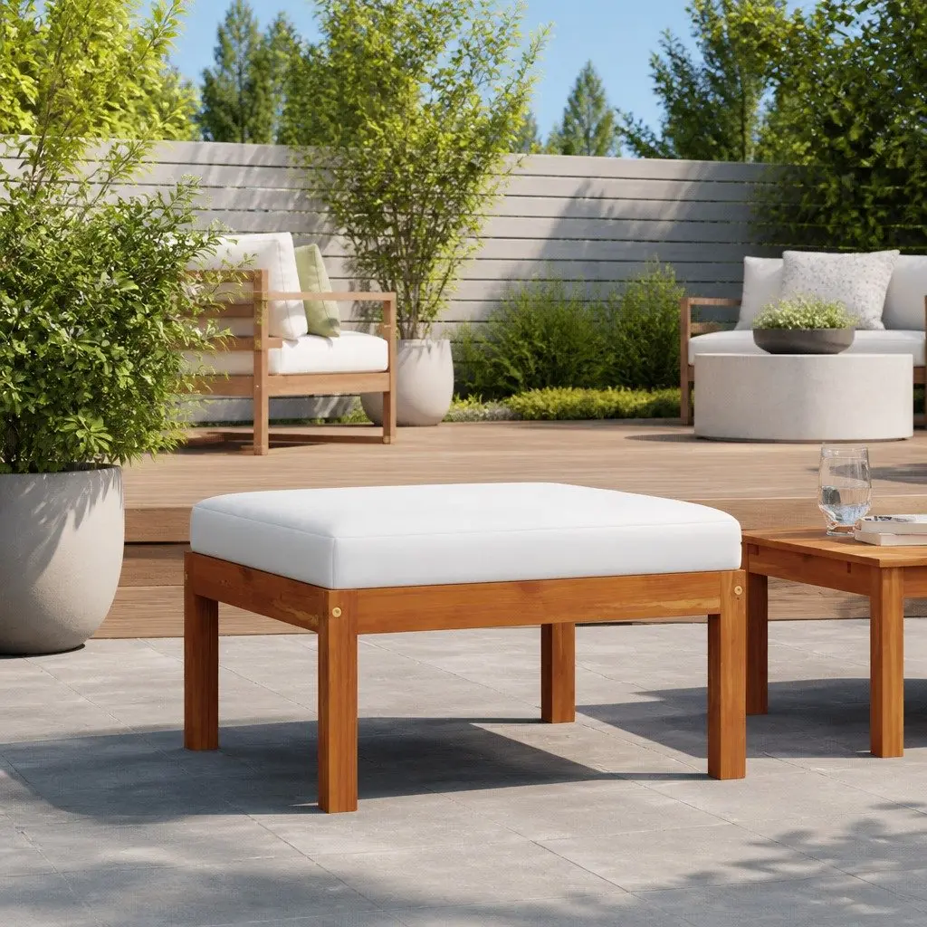 Garden Footstool with Cushion Solid Acacia Wood Modular Outdoor Seat White