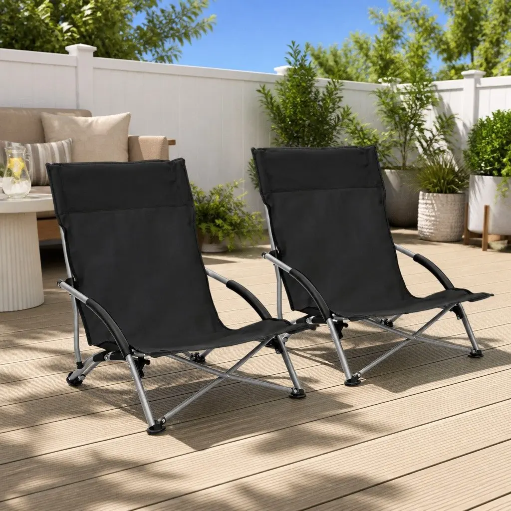 Folding Beach Chairs Set of 2 for Outdoor Use Black Portable Lightweight Camping Garden Seating