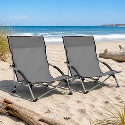 Folding Beach Chairs Set of 2 - Grey, Oxford Fabric and Steel