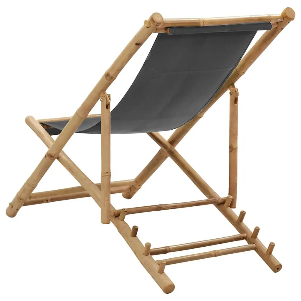 Deck Chair Bamboo Canvas Grey Outdoor Garden Beach Adjustable Folding Seating