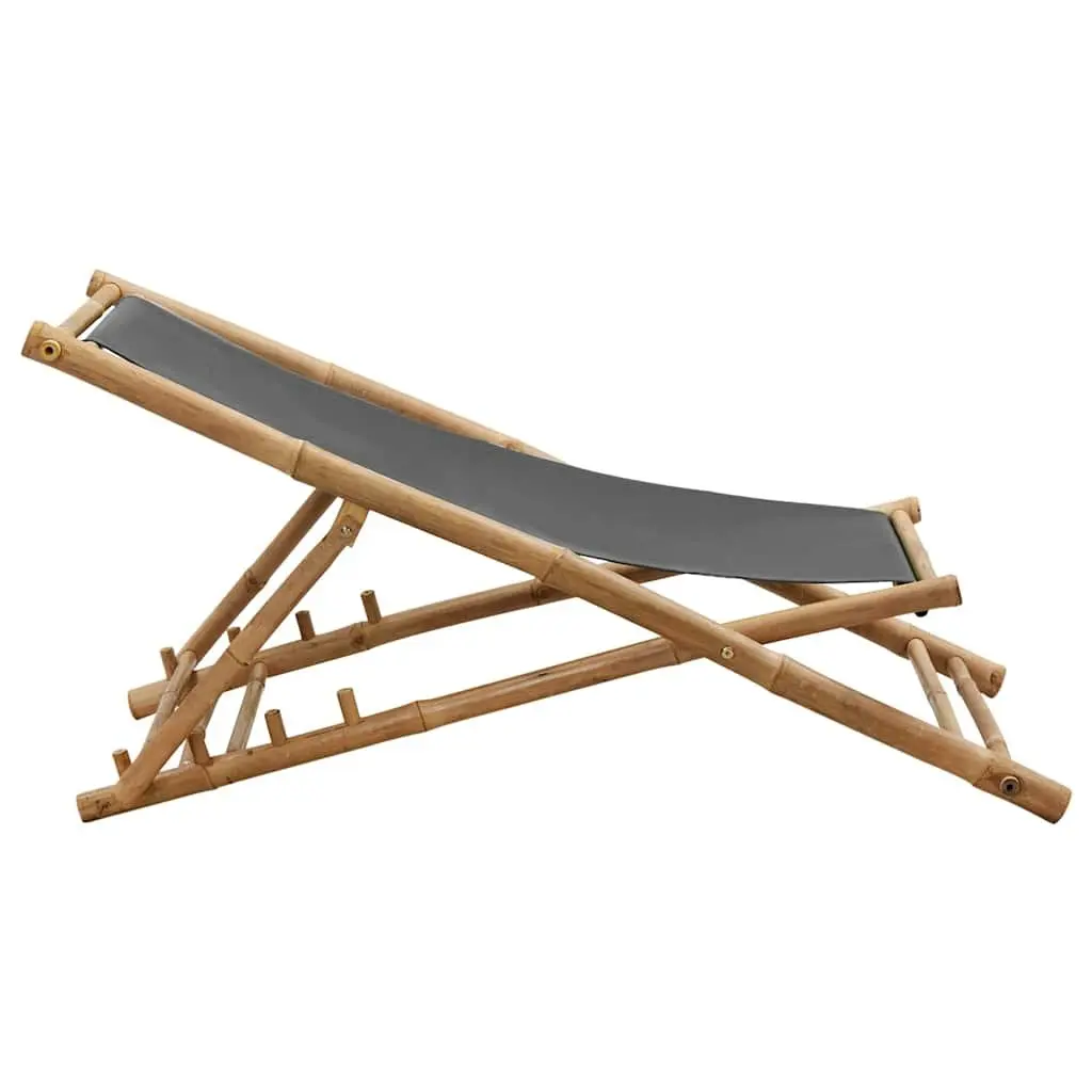 Deck Chair Bamboo Canvas Grey Outdoor Garden Beach Adjustable Folding Seating