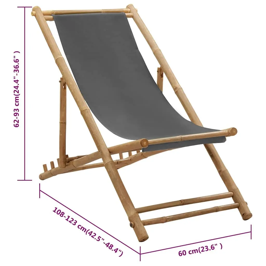 Deck Chair Bamboo Canvas Grey Outdoor Garden Beach Adjustable Folding Seating