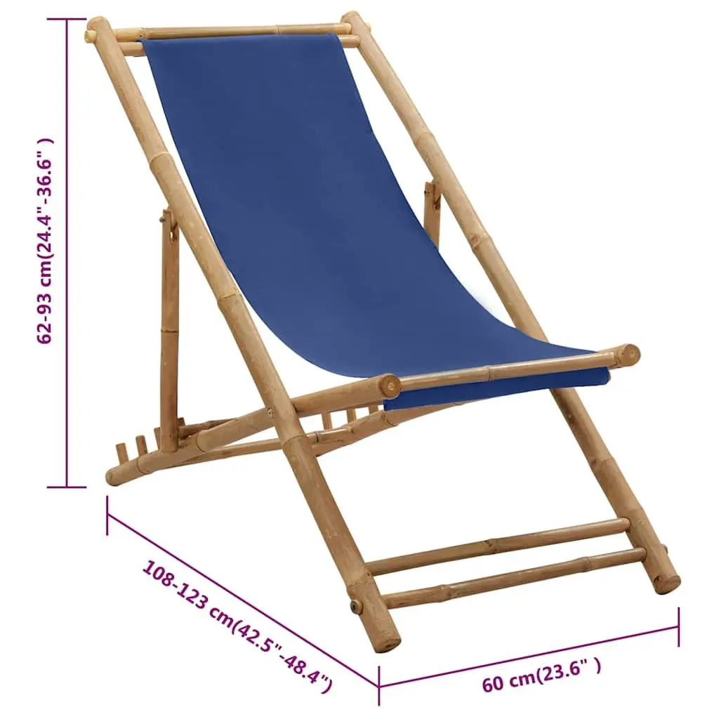 Deck Chair Bamboo Canvas Navy Blue Garden Beach Camping Outdoor Furniture Seat
