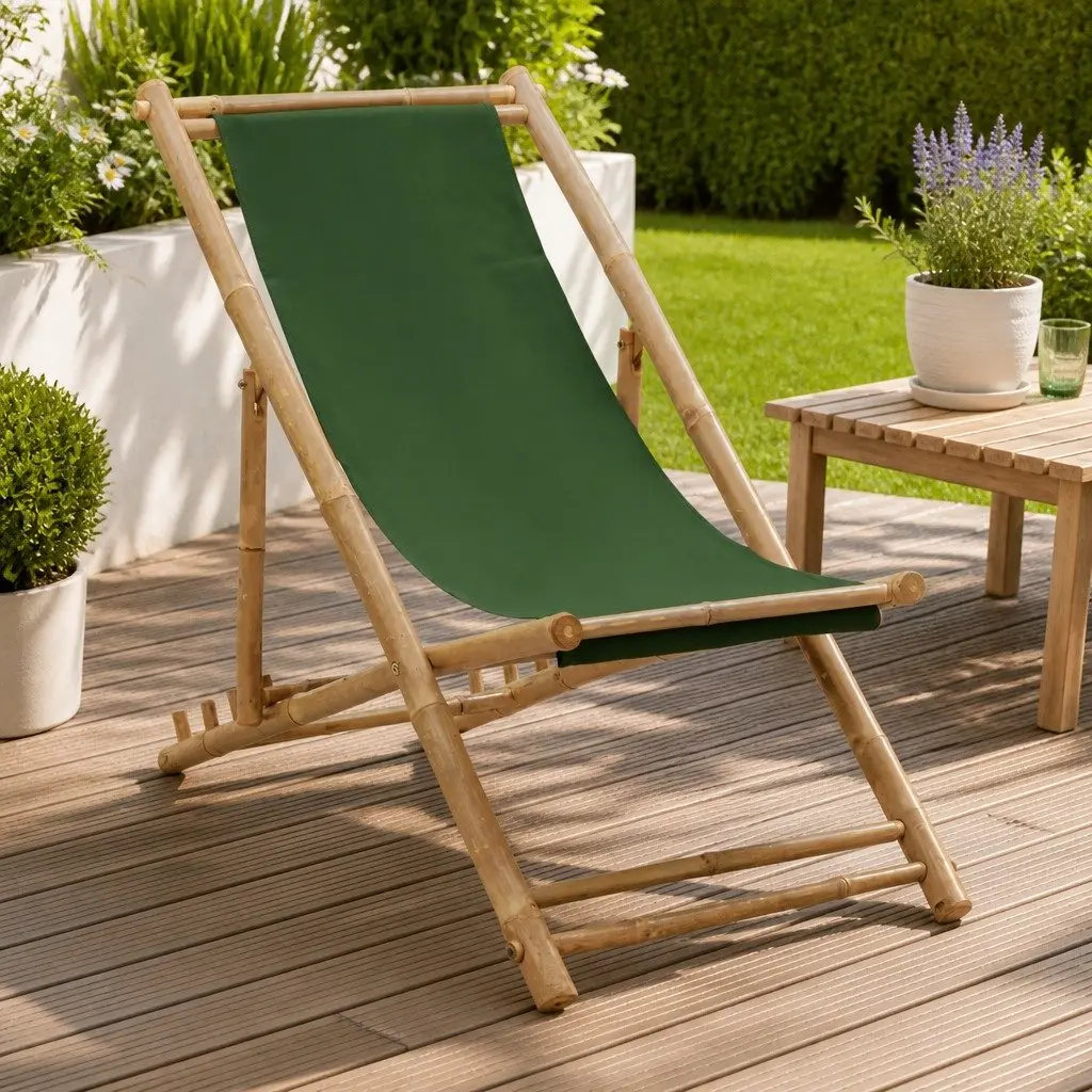 Bamboo Canvas Green Deck Chair, Adjustable