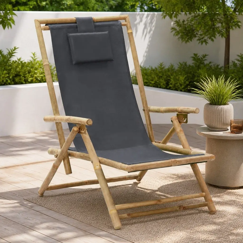 Outdoor Reclining Chair Garden Seating Grey Fabric Bamboo Frame