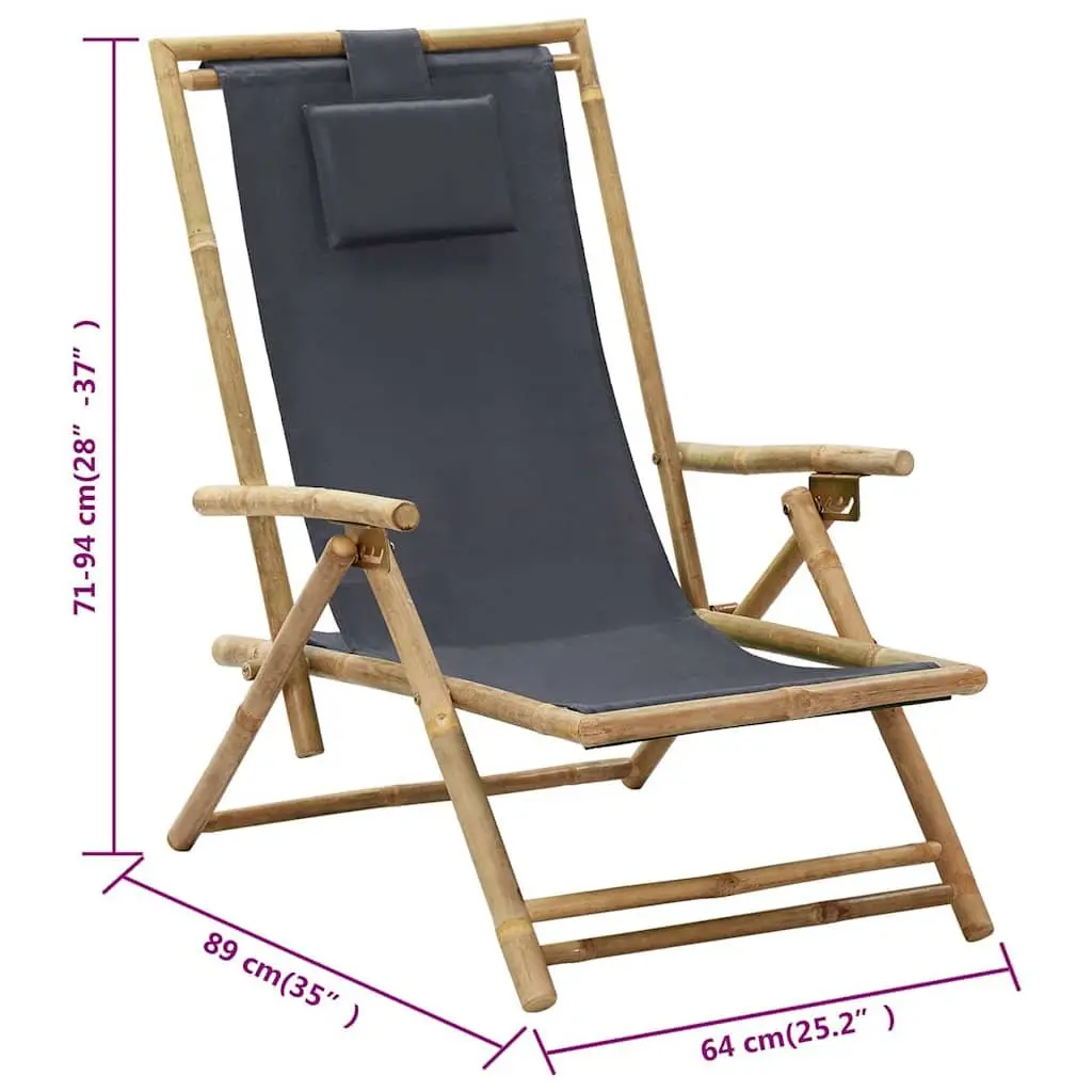 Outdoor Reclining Chair Garden Seating Grey Fabric Bamboo Frame