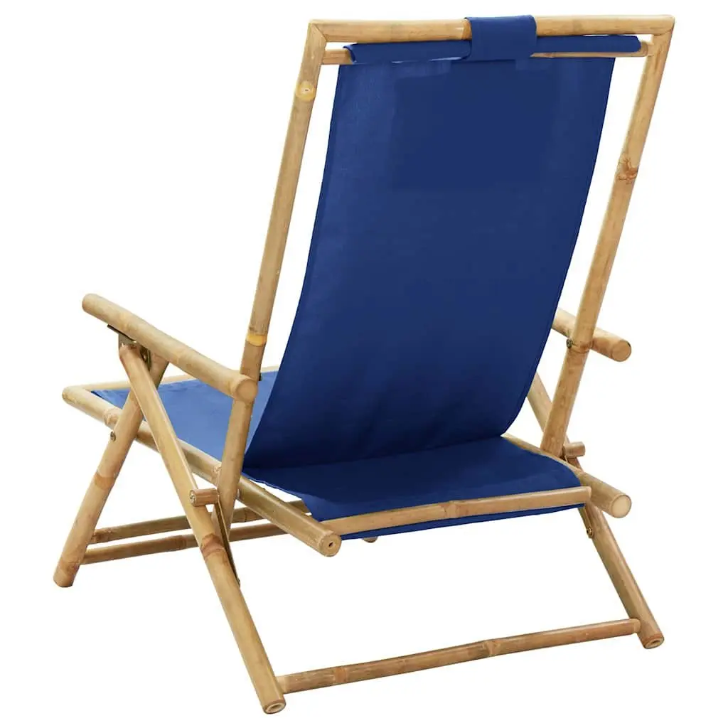 Outdoor Reclining Chair Folding Garden Seating Bamboo Fabric Blue Adjustable