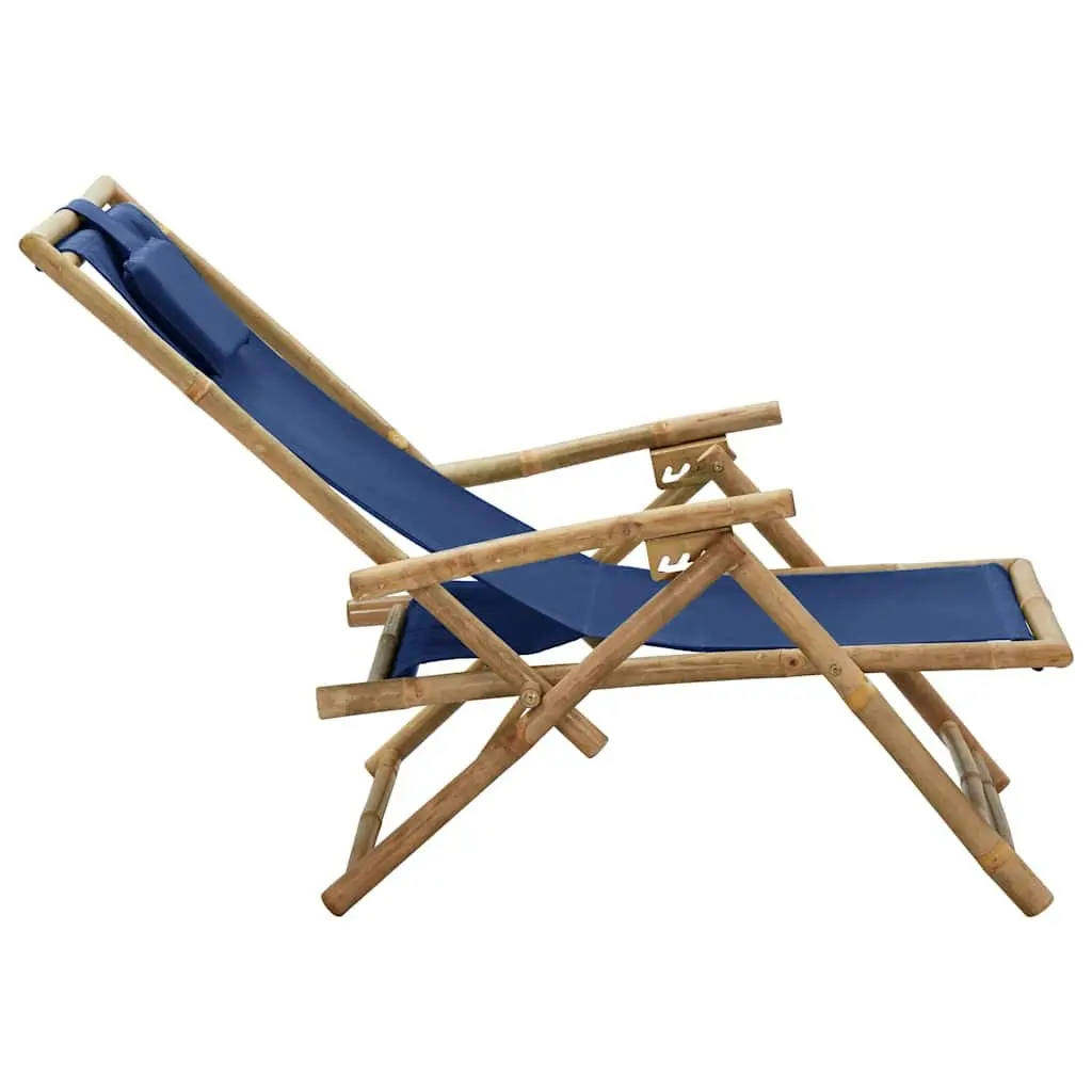 Outdoor Reclining Chair Folding Garden Seating Bamboo Fabric Blue Adjustable
