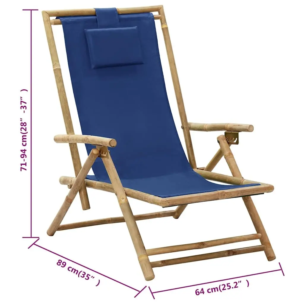 Outdoor Reclining Chair Folding Garden Seating Bamboo Fabric Blue Adjustable