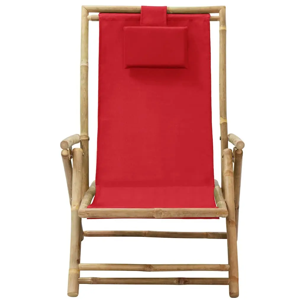 Reclining Chair Outdoor Garden Red Fabric Bamboo 4 Position Adjustable Backrest