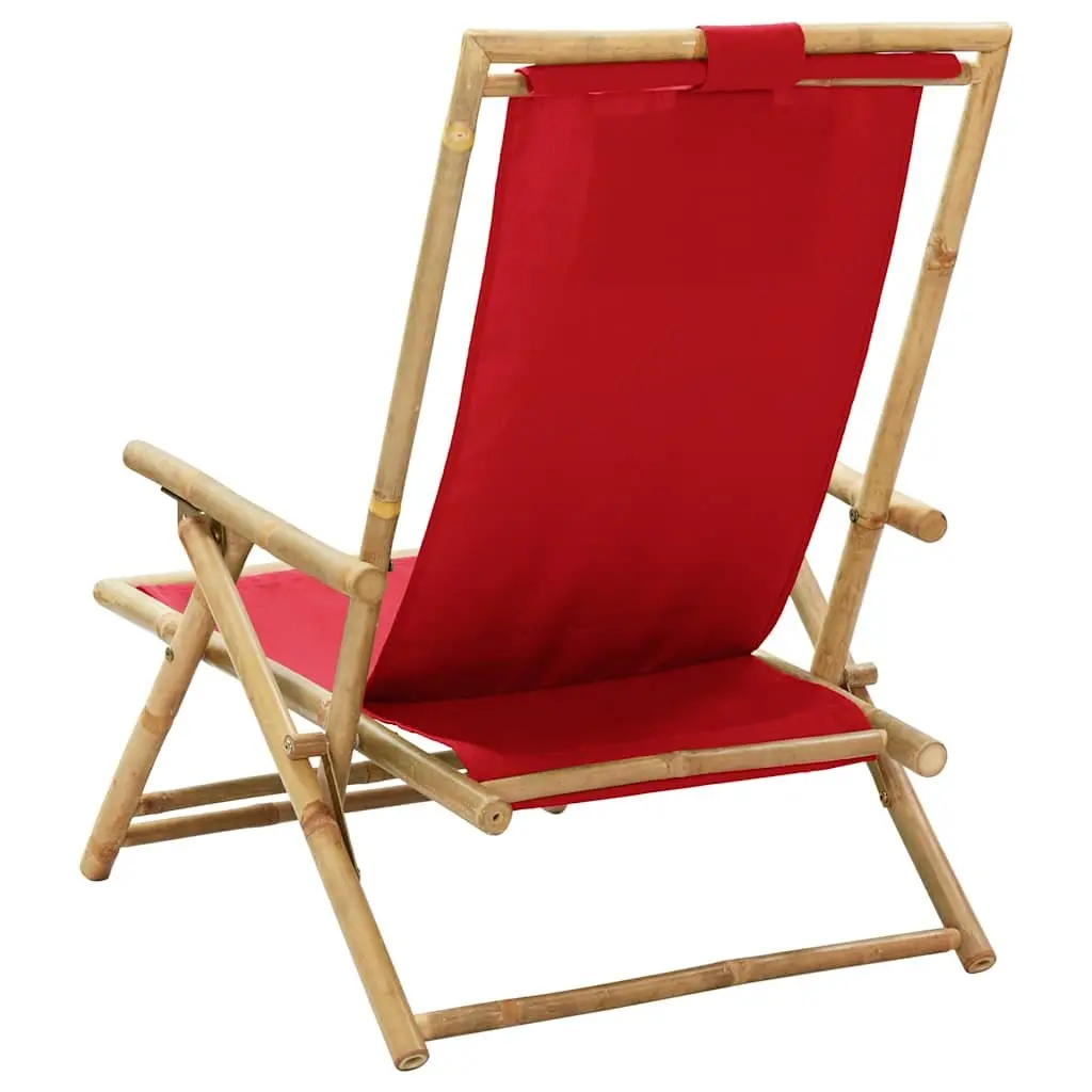 Reclining Chair Outdoor Garden Red Fabric Bamboo 4 Position Adjustable Backrest