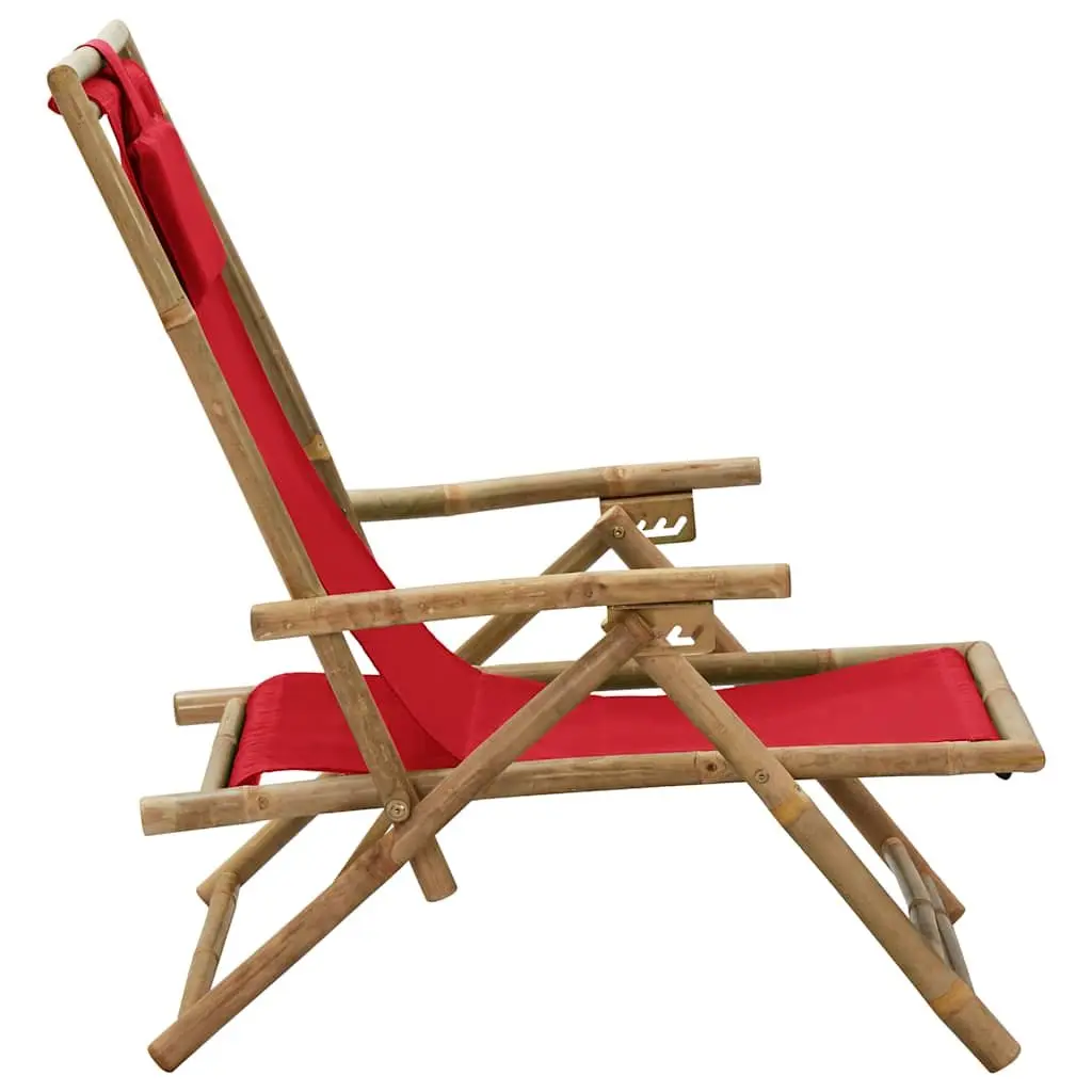 Reclining Chair Outdoor Garden Red Fabric Bamboo 4 Position Adjustable Backrest