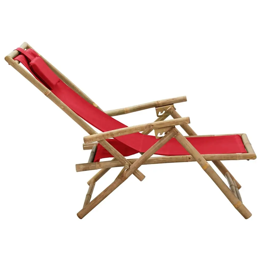 Reclining Chair Outdoor Garden Red Fabric Bamboo 4 Position Adjustable Backrest