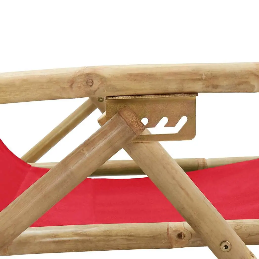 Reclining Chair Outdoor Garden Red Fabric Bamboo 4 Position Adjustable Backrest