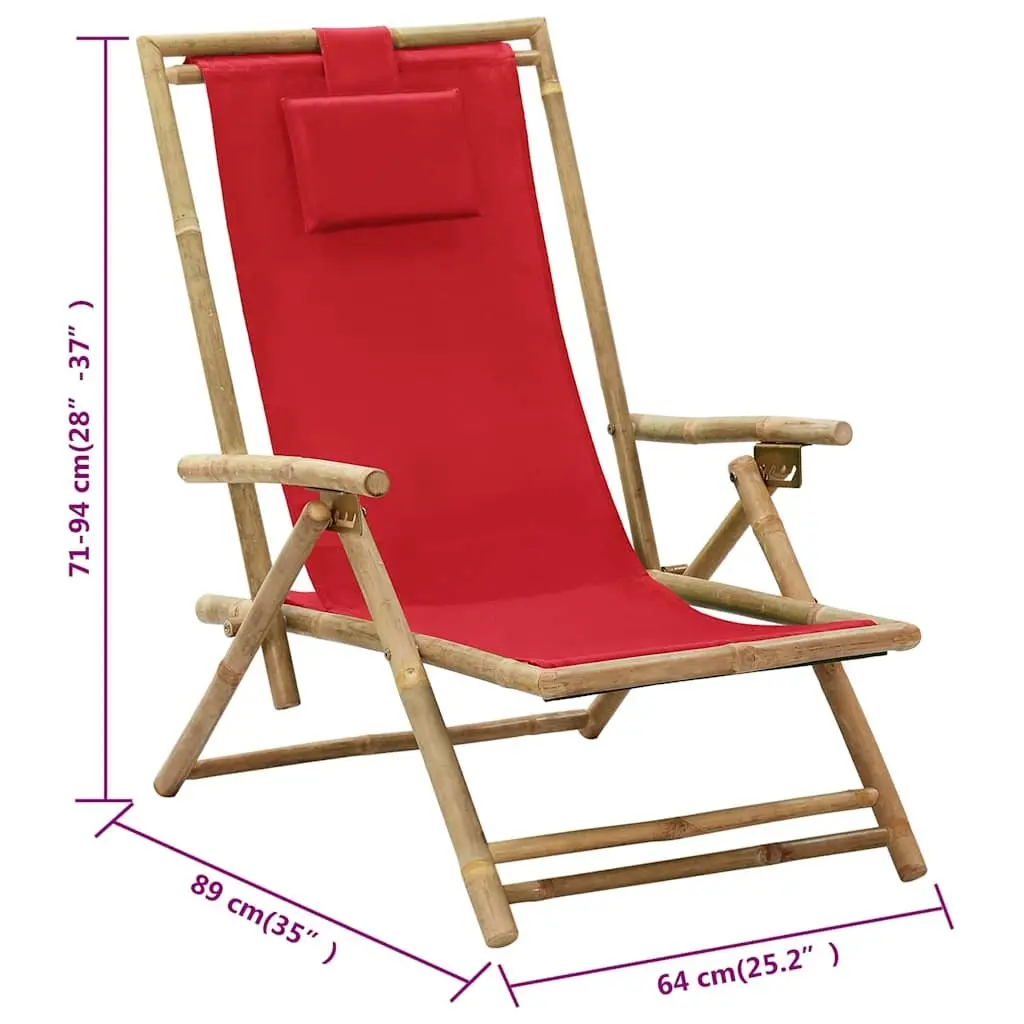 Reclining Chair Outdoor Garden Red Fabric Bamboo 4 Position Adjustable Backrest