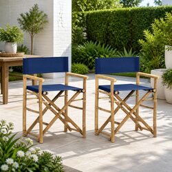 Folding Director's Chairs - 2 Blue Bamboo Outdoor Seats