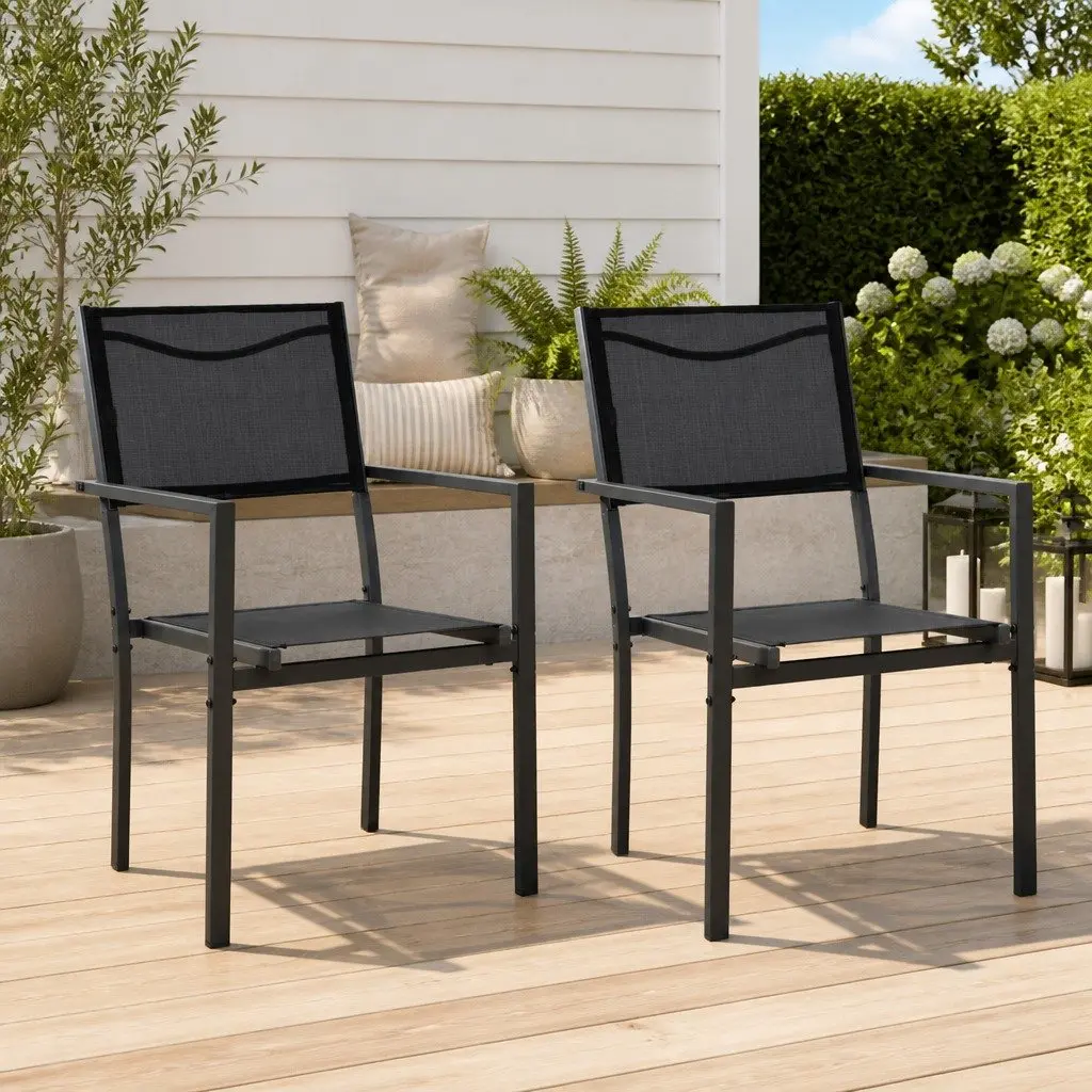 Outdoor Garden Chairs 2 Piece Black Steel Textilene Patio Seating