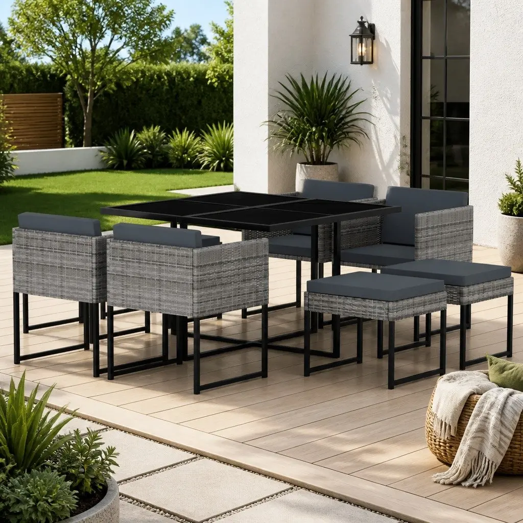 Garden Dining Set 9 Piece Outdoor Furniture PE Rattan Tempered Glass Grey