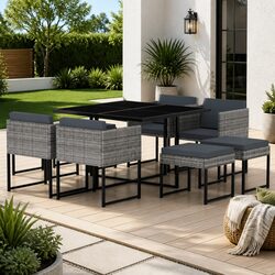 Garden Dining Set 9 Piece Outdoor Furniture PE Rattan Tempered Glass Grey