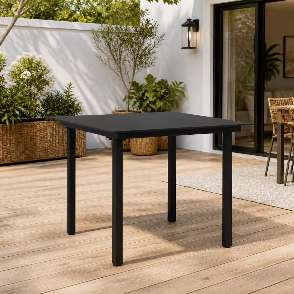 Garden Dining Table Outdoor Use Black Steel Frame Glass Top 80x80x74 cm