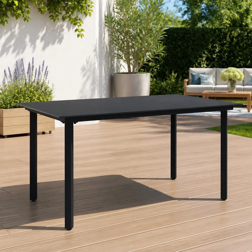 Garden Dining Table Outdoor Use 150 x 80 x 74 cm Black Steel Frame Glass Tabletop