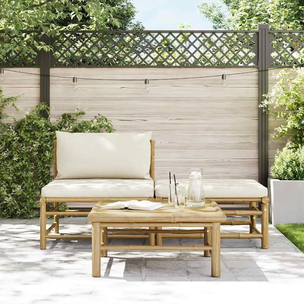 3 Piece Garden Lounge Set Outdoor Patio Furniture Bamboo Cream White Cushions