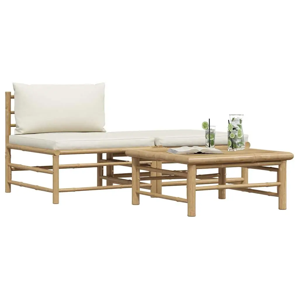 3 Piece Garden Lounge Set Outdoor Patio Furniture Bamboo Cream White Cushions