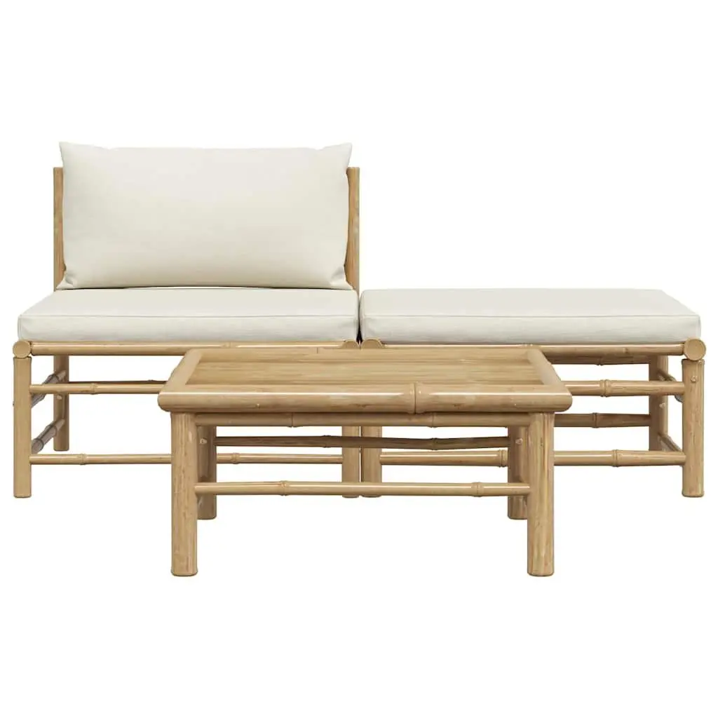 3 Piece Garden Lounge Set Outdoor Patio Furniture Bamboo Cream White Cushions