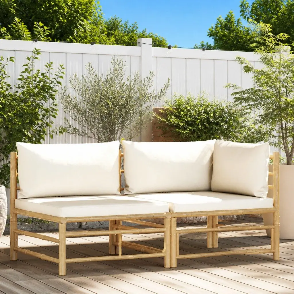 2 Piece Garden Lounge Set Outdoor Patio Bamboo Sofa Cream White Cushions