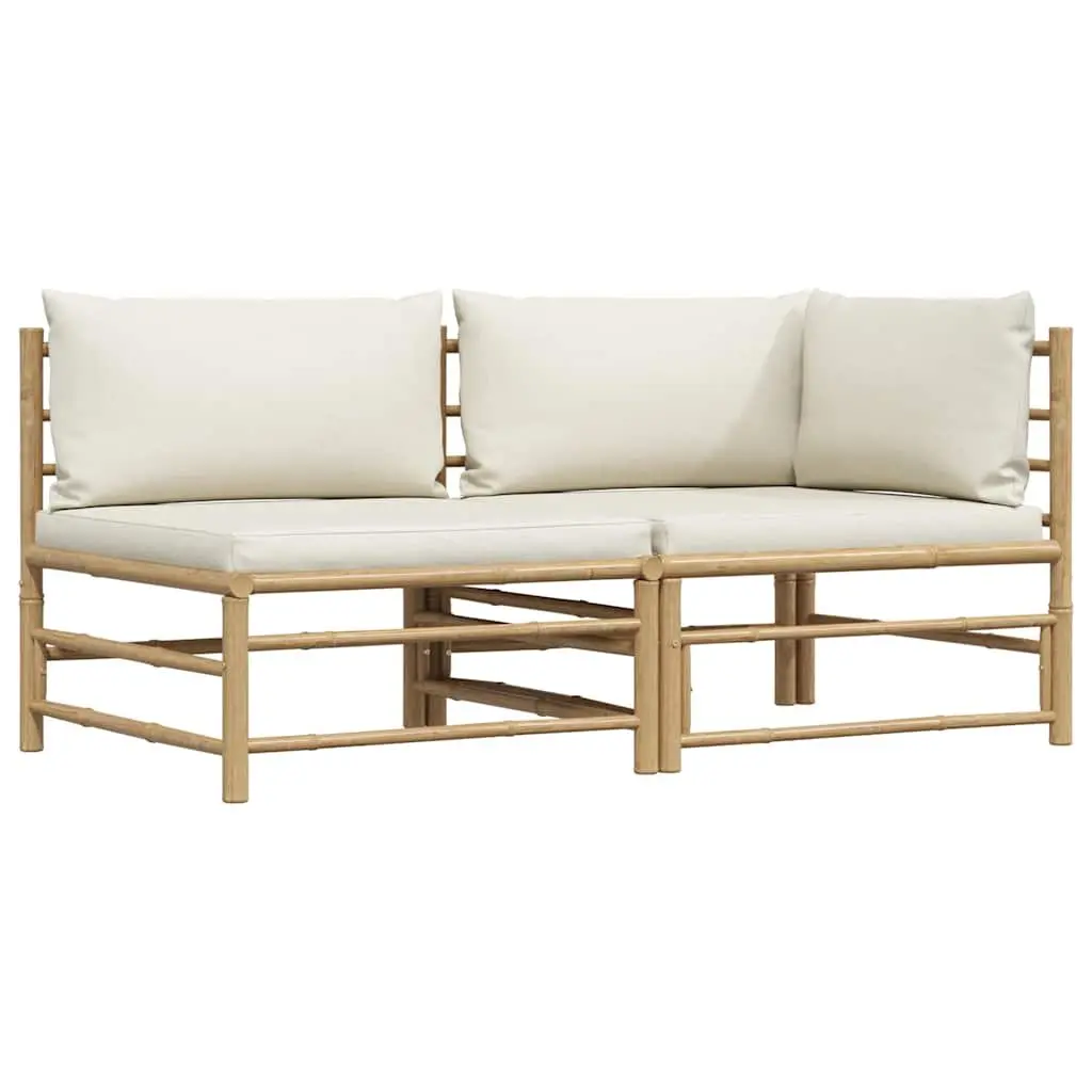 2 Piece Garden Lounge Set Outdoor Patio Bamboo Sofa Cream White Cushions