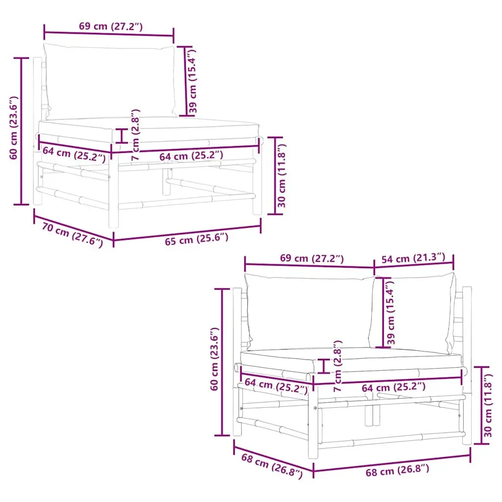 2 Piece Garden Lounge Set Outdoor Patio Bamboo Sofa Cream White Cushions