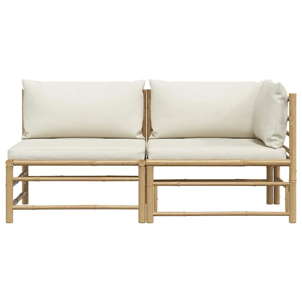 2 Piece Garden Lounge Set Outdoor Patio Bamboo Sofa Cream White Cushions