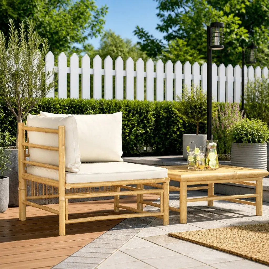 Bamboo Garden Lounge Set 2 Piece Modular Sofa with Cushions for Outdoor Patio
