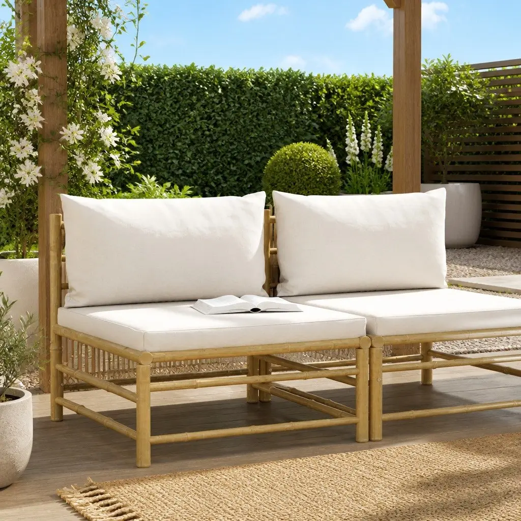 Garden Middle Sofa Outdoor Seating Bamboo Frame Cream Cushions