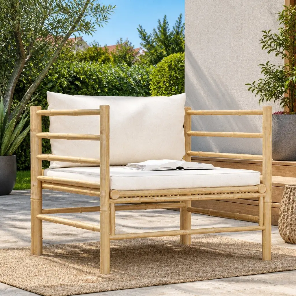 Garden Sofa Outdoor Patio Lounge Seat Modular Bamboo Cream White Cushions