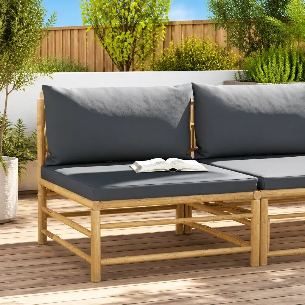 Garden Middle Sofa Bamboo Frame with Grey Cushions Outdoor Sectional Seating