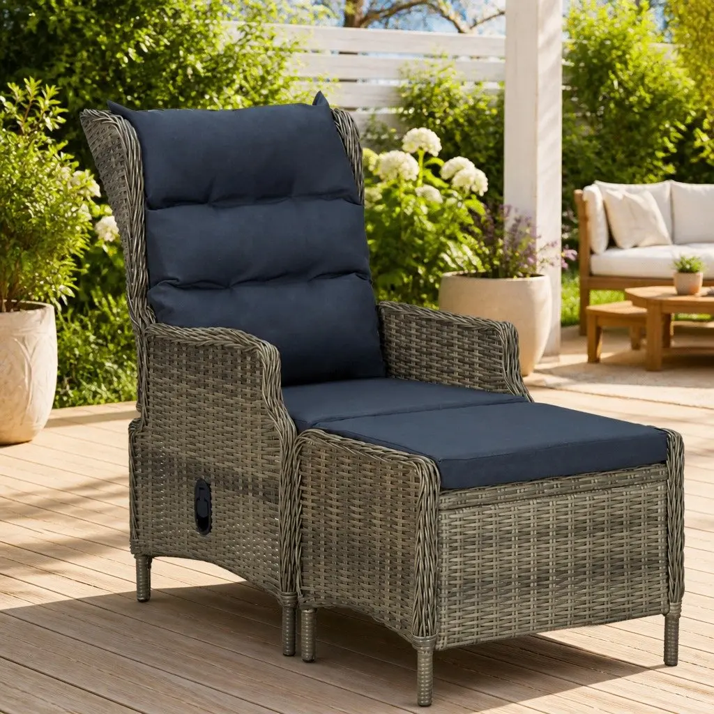 Brown Reclining Garden Chair and Footstool Set