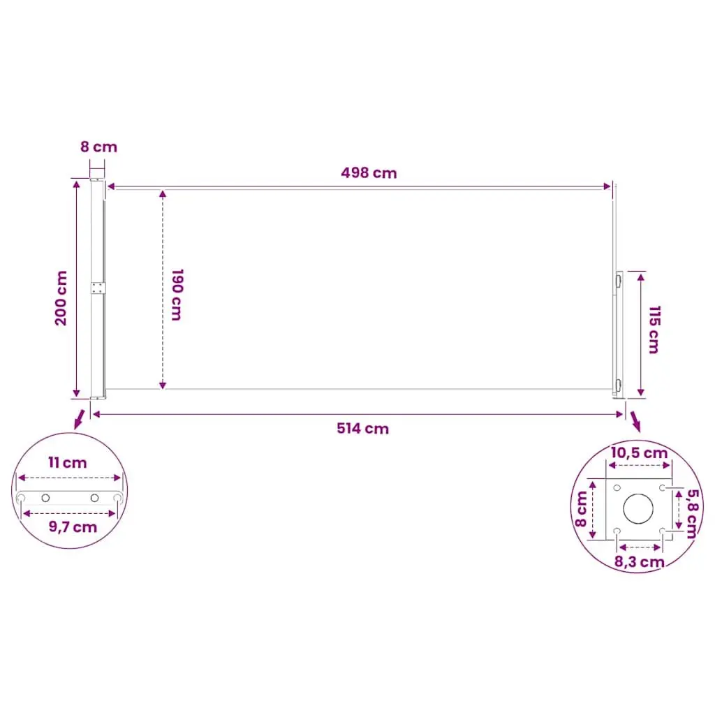 Retractable Side Awning for Patio 200x500cm Grey Outdoor Sunshade Privacy Screen