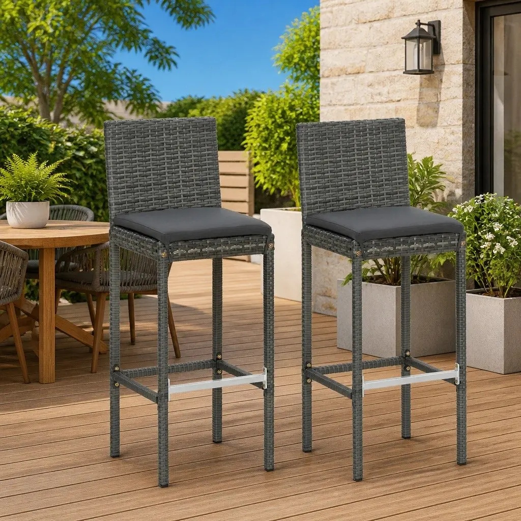 Set of 2 Outdoor Bar Stools with Grey Cushions